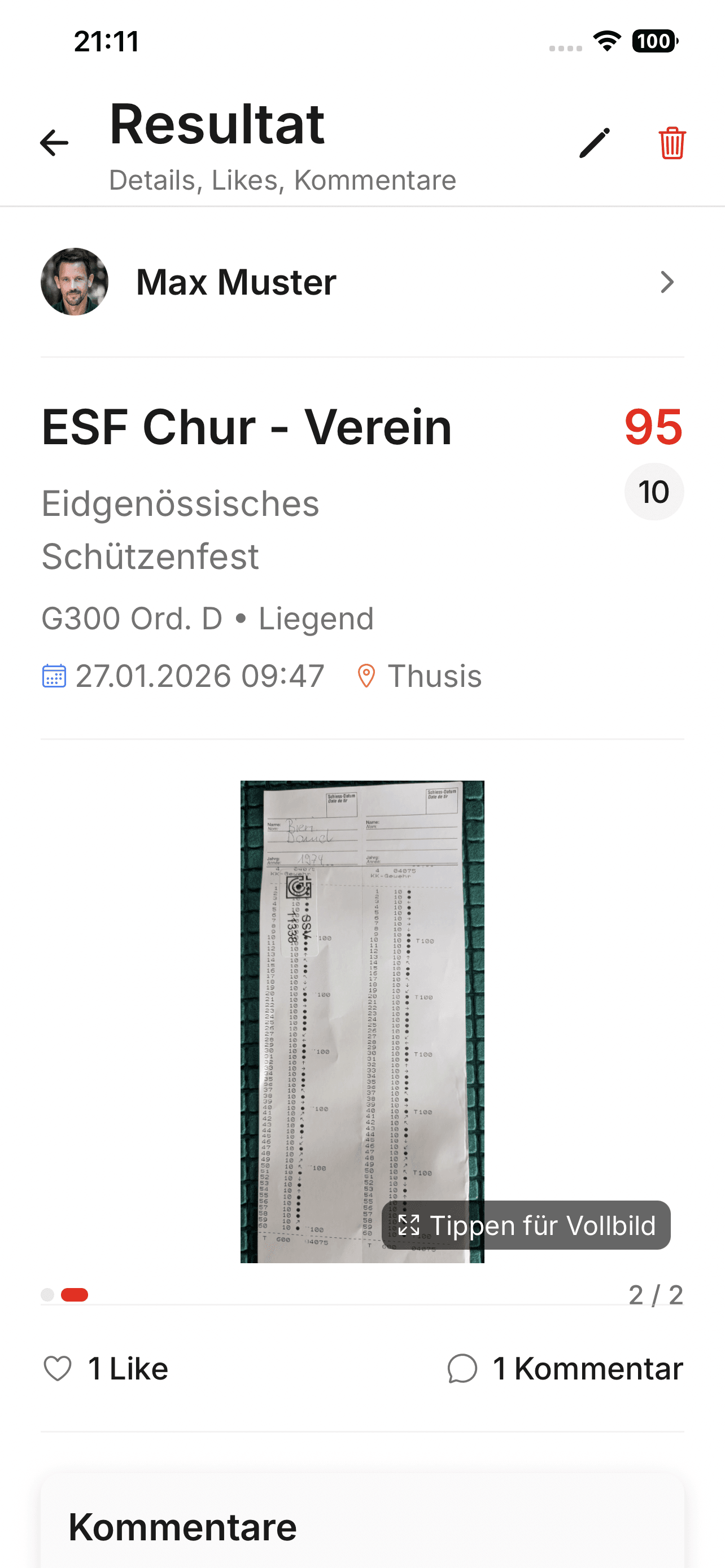 Zielpunkt App — Resultat-Ansicht mit Punktzahl, Disziplin und Kommentaren
