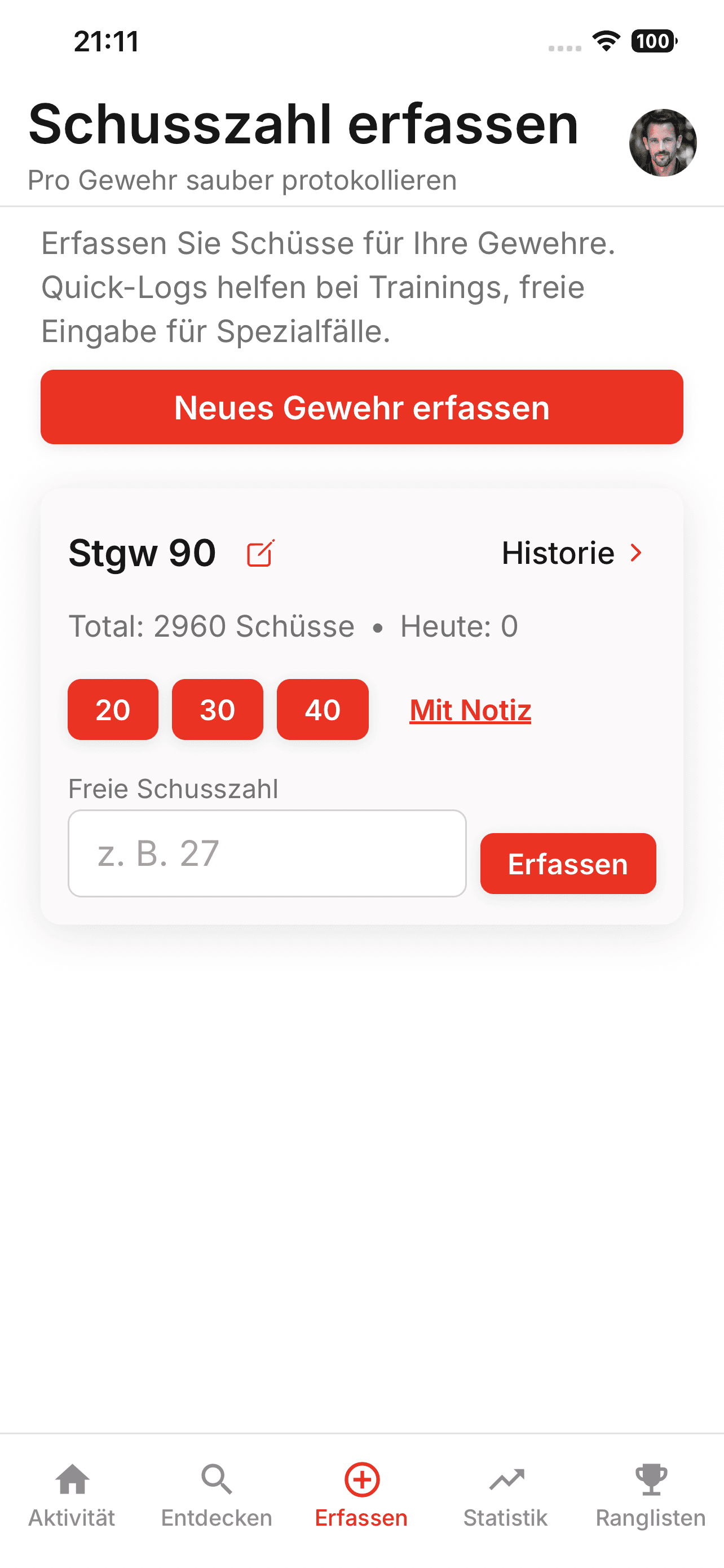Schusszahl-Tracking — Gewehre verwalten mit Quick-Log Buttons und freier Eingabe