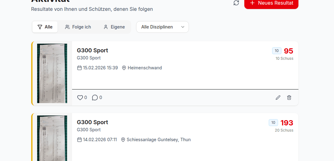 Timeline mit Resultaten und sozialen Funktionen