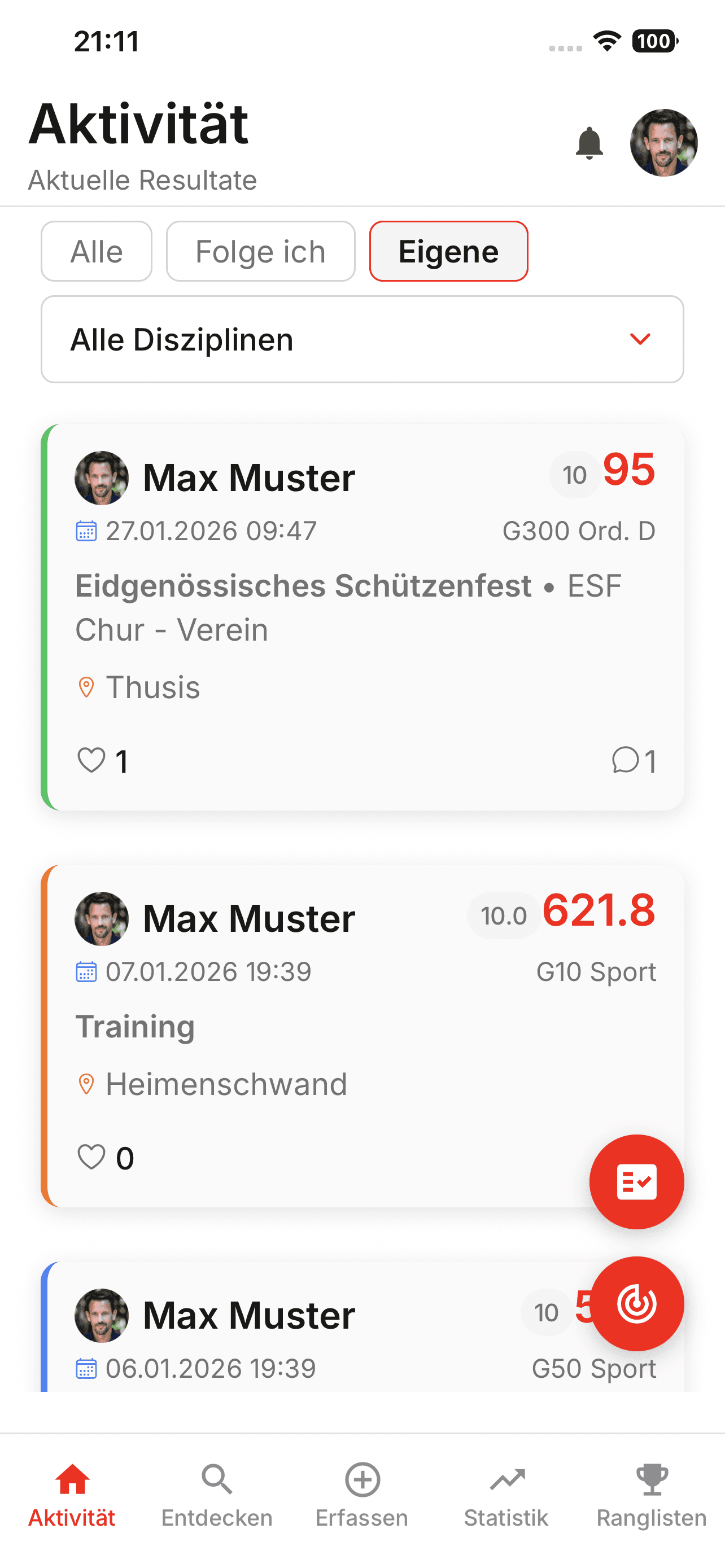 Zielpunkt App - Aktivität Timeline mit Resultaten